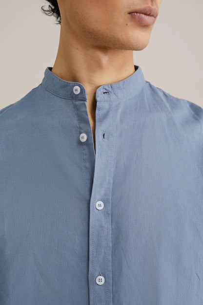 Regular Fit Mixed Linen Shirt with Grandad Collar - Blue