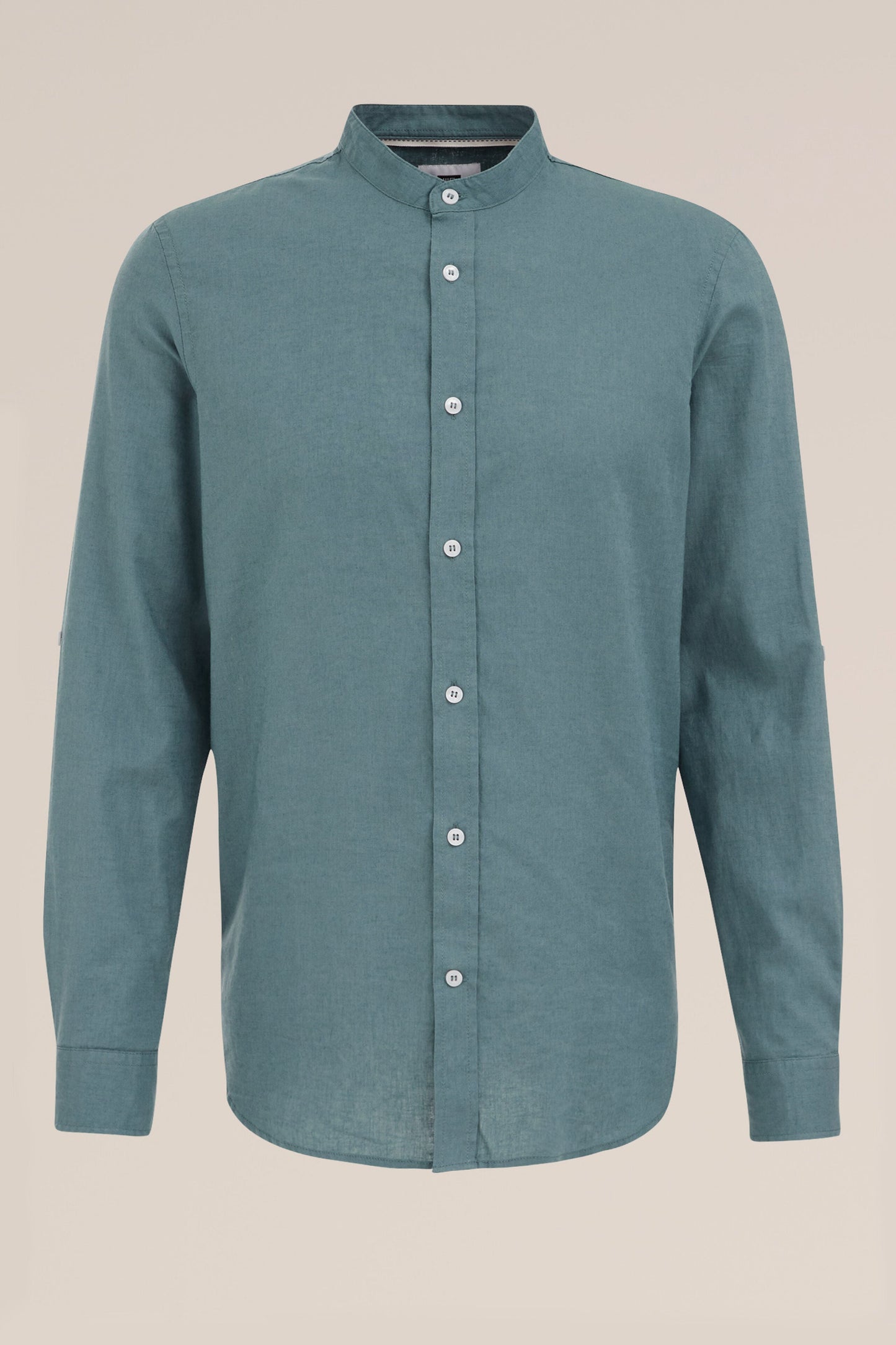 Regular Fit Mixed Linen Shirt with Mandarin Collar - Aqua Green