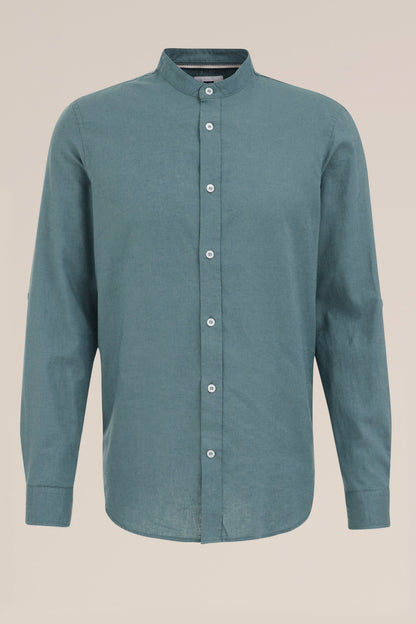 Regular Fit Mixed Linen Shirt with Mandarin Collar - Aqua Green