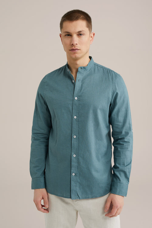 Regular Fit Mixed Linen Shirt with Mandarin Collar - Aqua Green