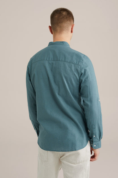 Regular Fit Mixed Linen Shirt with Mandarin Collar - Aqua Green