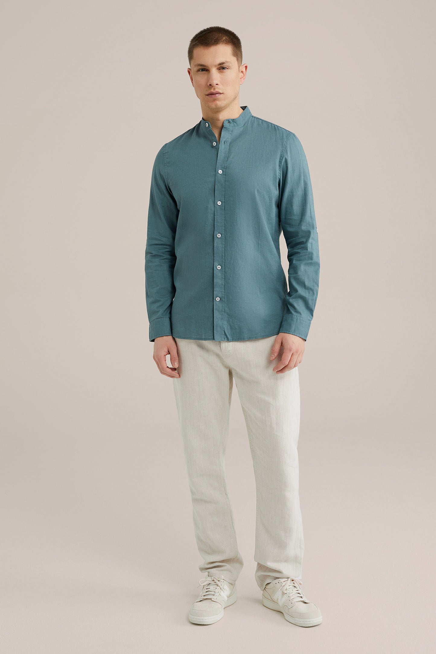 Regular Fit Mixed Linen Shirt with Mandarin Collar - Aqua Green