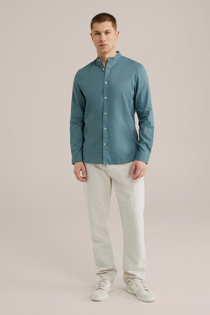 Regular Fit Mixed Linen Shirt with Mandarin Collar - Aqua Green