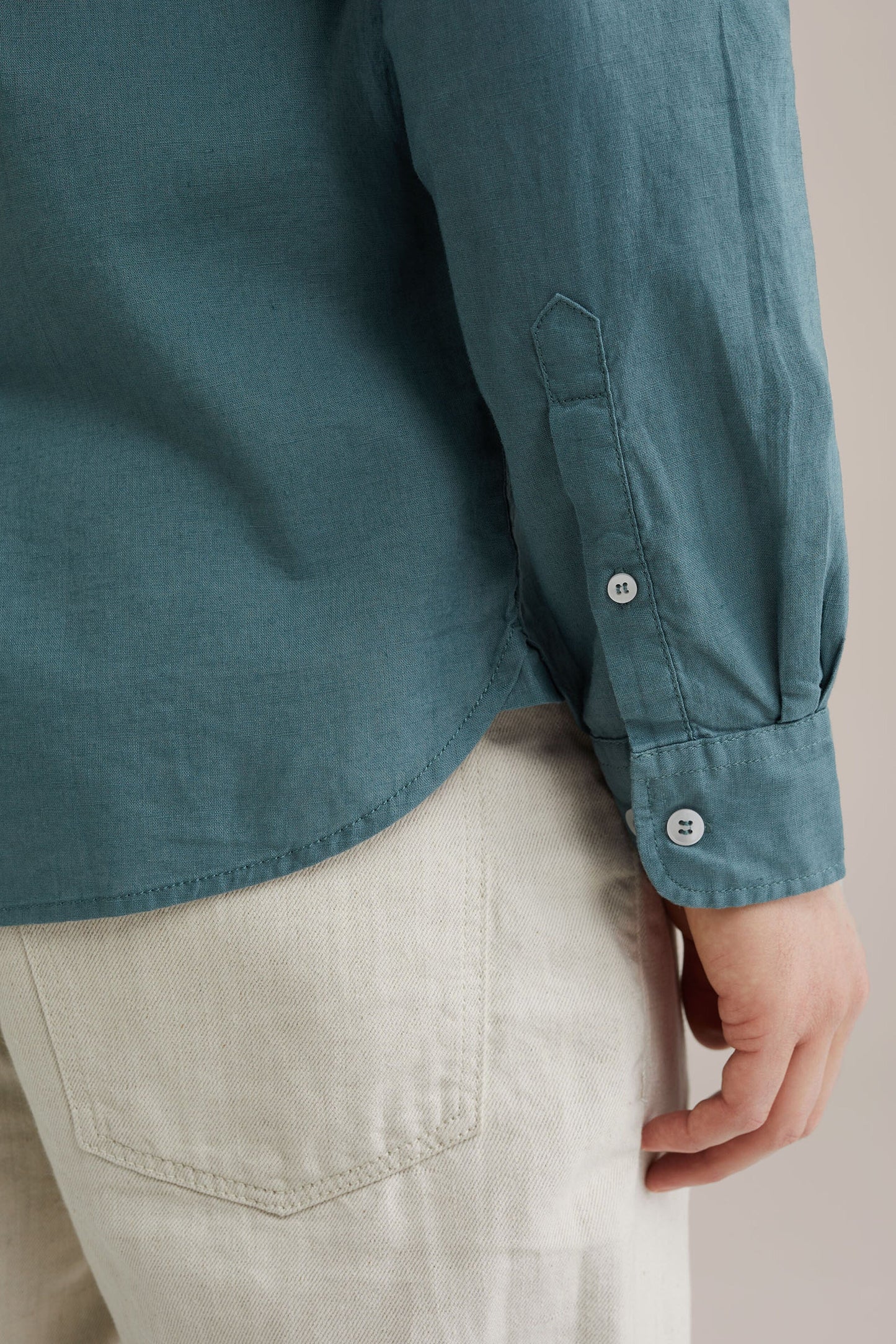 Regular Fit Mixed Linen Shirt with Mandarin Collar - Aqua Green