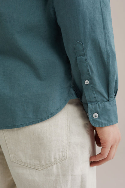 Regular Fit Mixed Linen Shirt with Mandarin Collar - Aqua Green