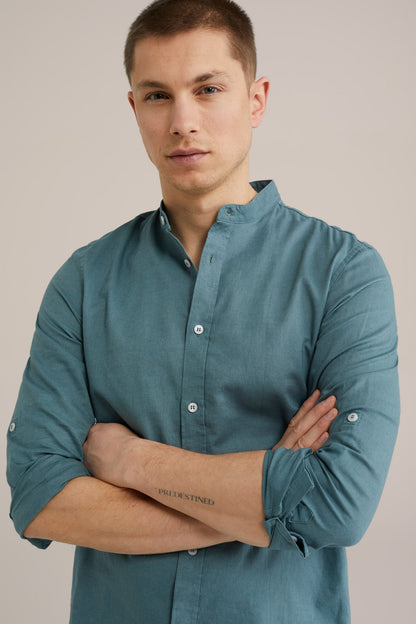 Regular Fit Mixed Linen Shirt with Mandarin Collar - Aqua Green