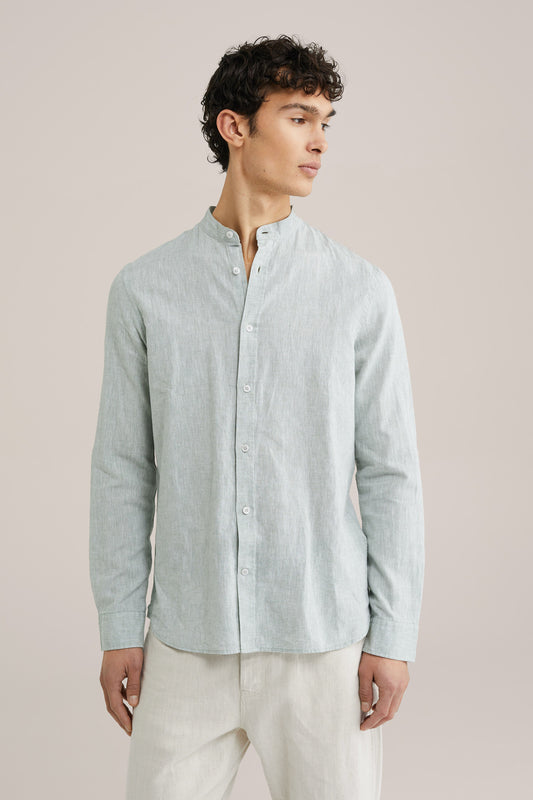 Regular Fit Mixed Linen Shirt with Mandarin Collar - Mint
