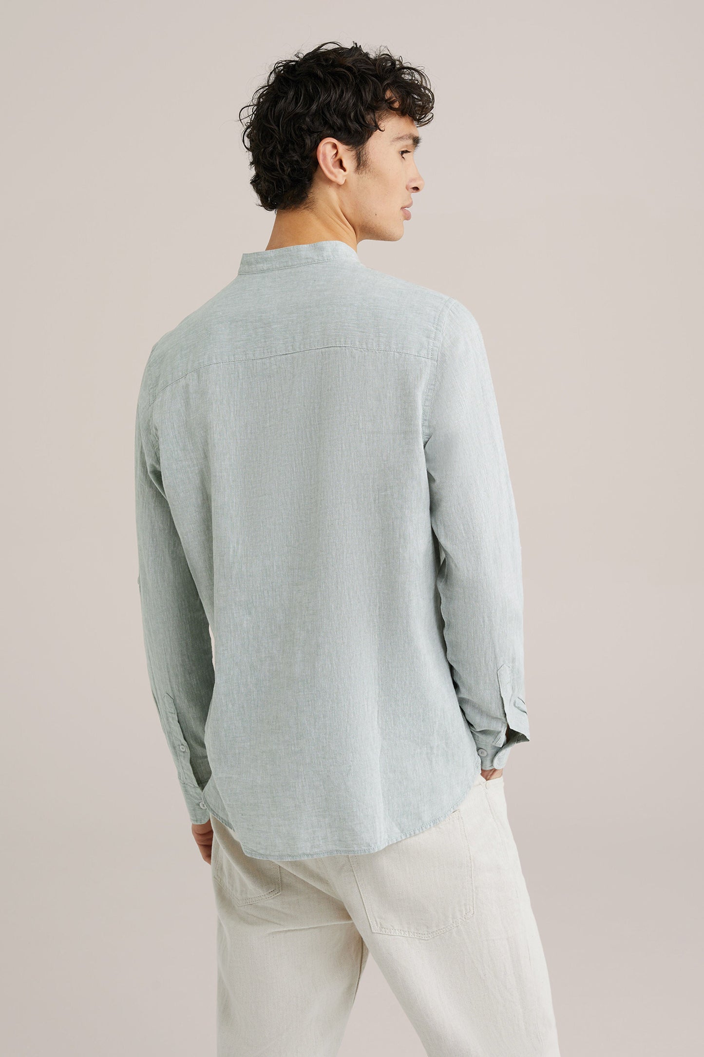 Regular Fit Mixed Linen Shirt with Mandarin Collar - Mint
