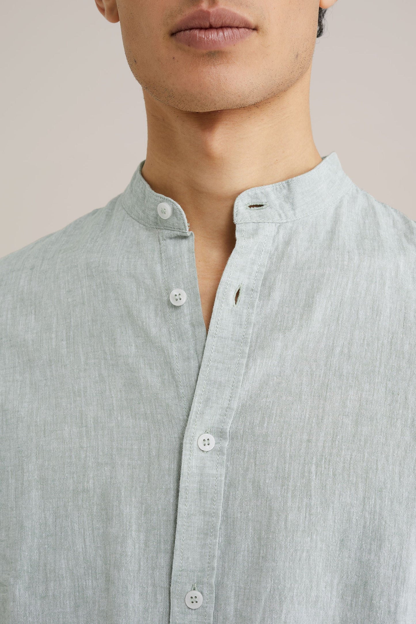 Regular Fit Mixed Linen Shirt with Mandarin Collar - Mint