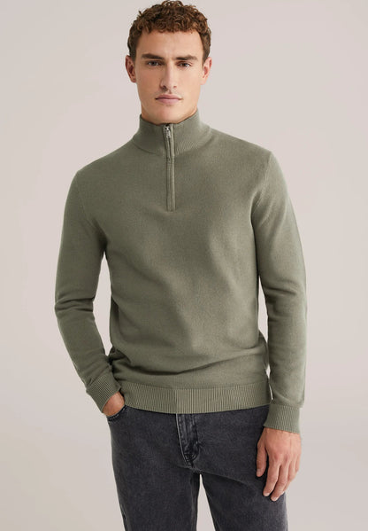 Men's Cotton Sweater with Troyer Collar and Zip - Moss Green