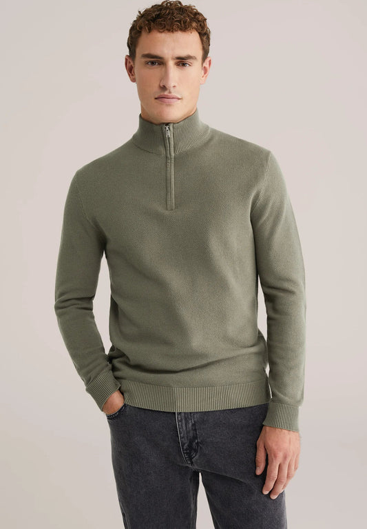 Men's Cotton Sweater with Troyer Collar and Zip - Moss Green