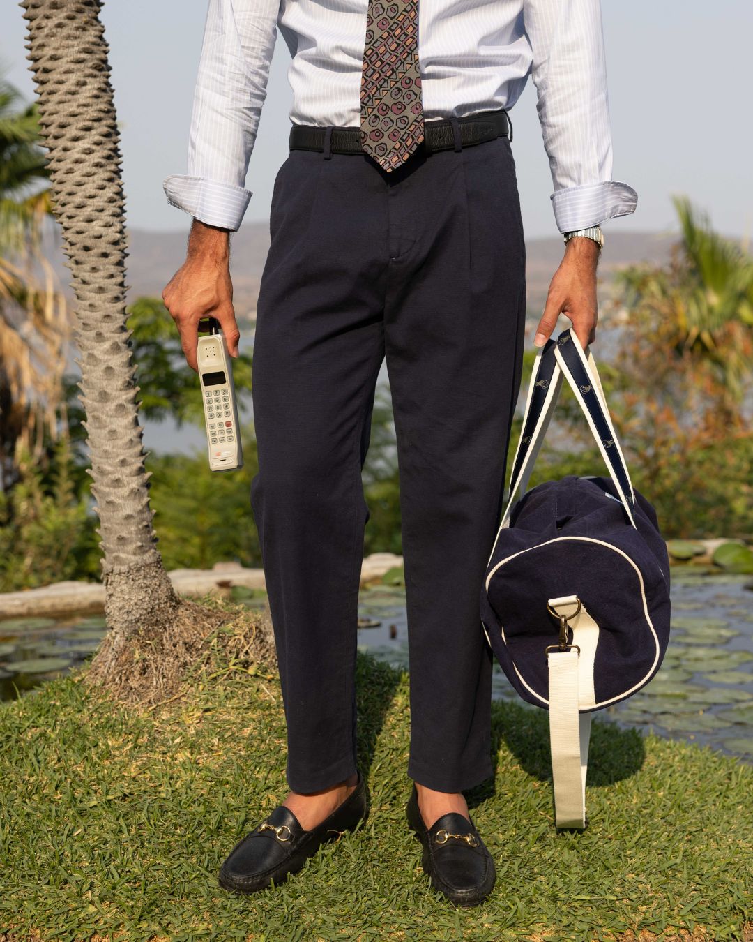 Straight Linen Trousers - Navy Blue