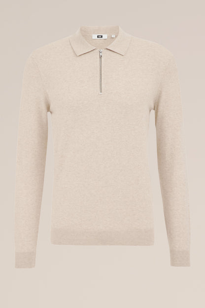 Fine Knit Jumper with Troyer Collar and Zip - Beige