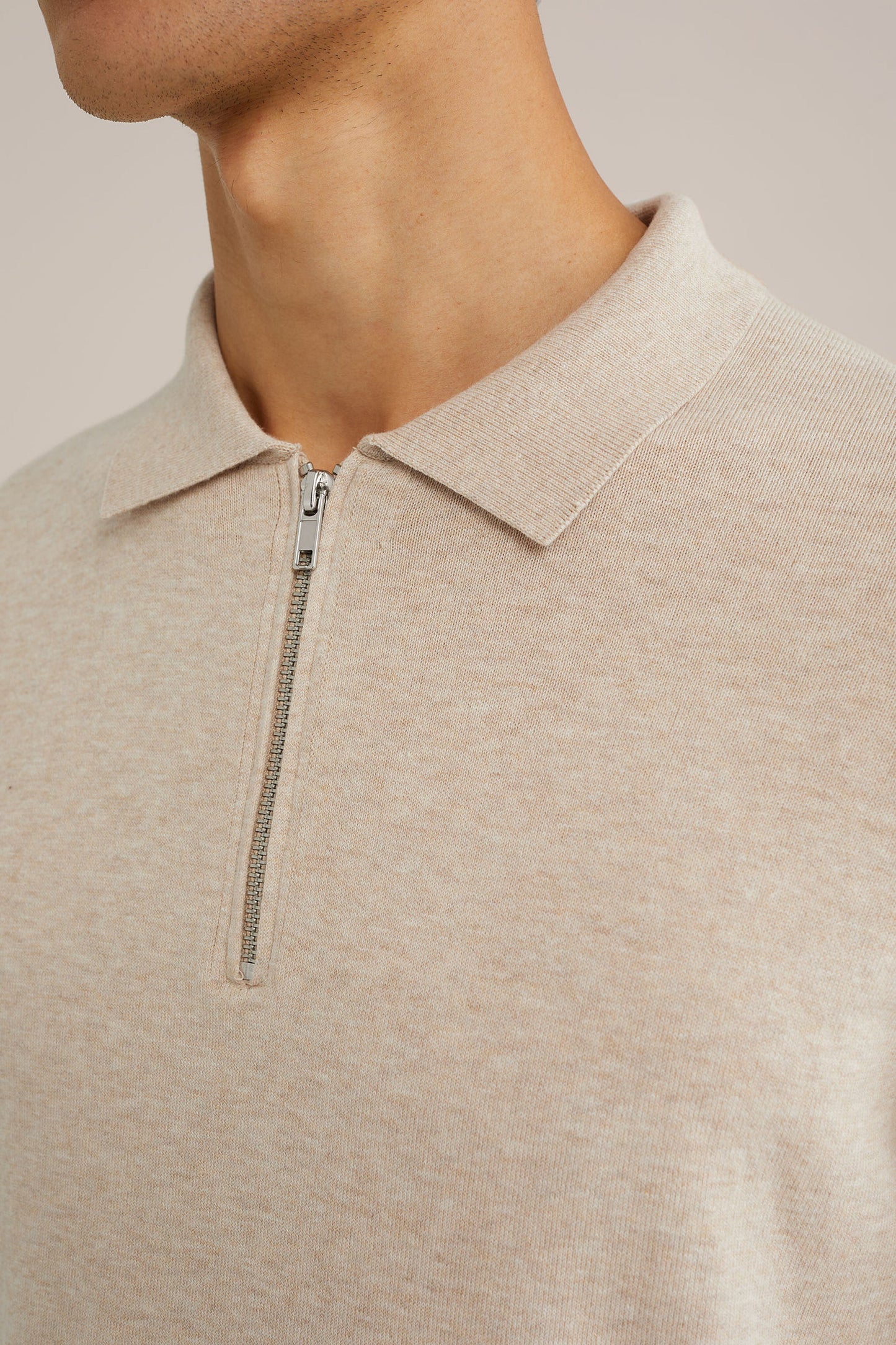 Fine Knit Jumper with Troyer Collar and Zip - Beige