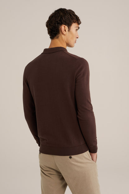 Fine Knit Jumper with Troyer Collar and Zip - Brown