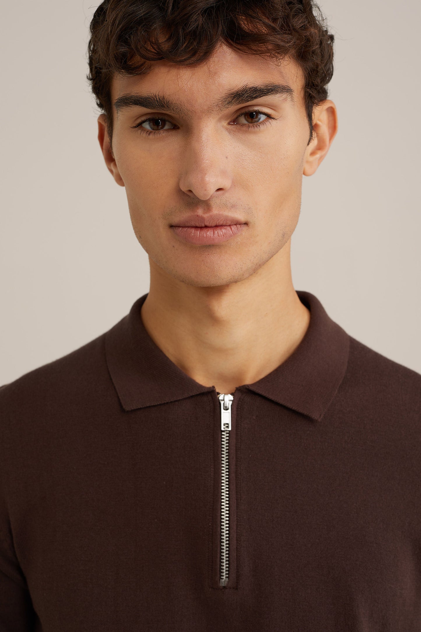 Fine Knit Jumper with Troyer Collar and Zip - Brown