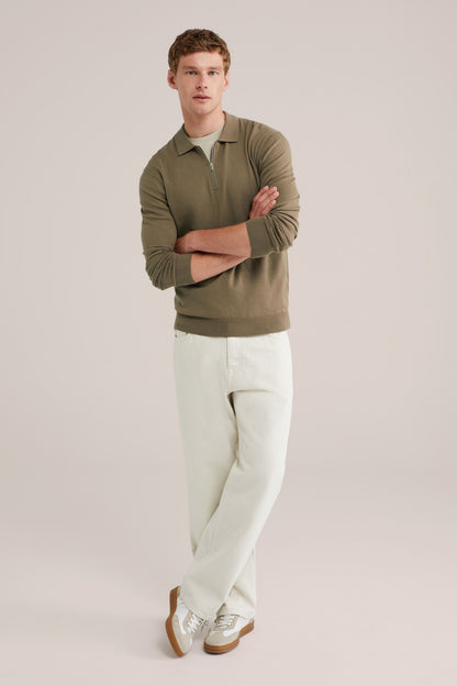 Fine Knit Jumper with Troyer Collar and Zip - Caramel