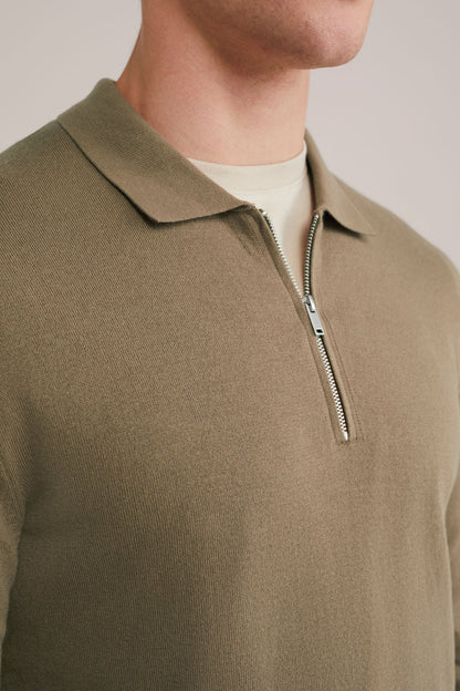 Fine Knit Jumper with Troyer Collar and Zip - Caramel