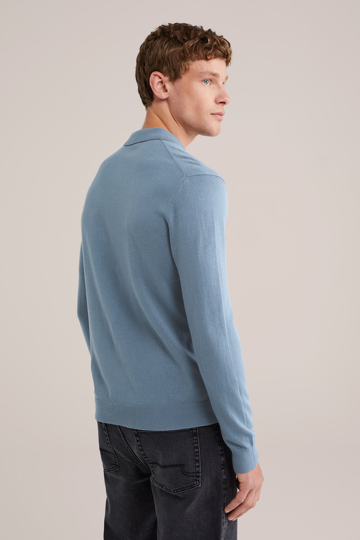 Fine Knit Jumper with Troyer Collar and Zip - Light Blue