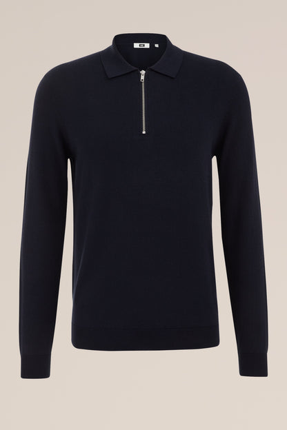 Fine Knit Jumper with Troyer Collar and Zipper - Navy Blue