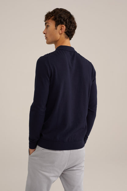 Fine Knit Jumper with Troyer Collar and Zipper - Navy Blue