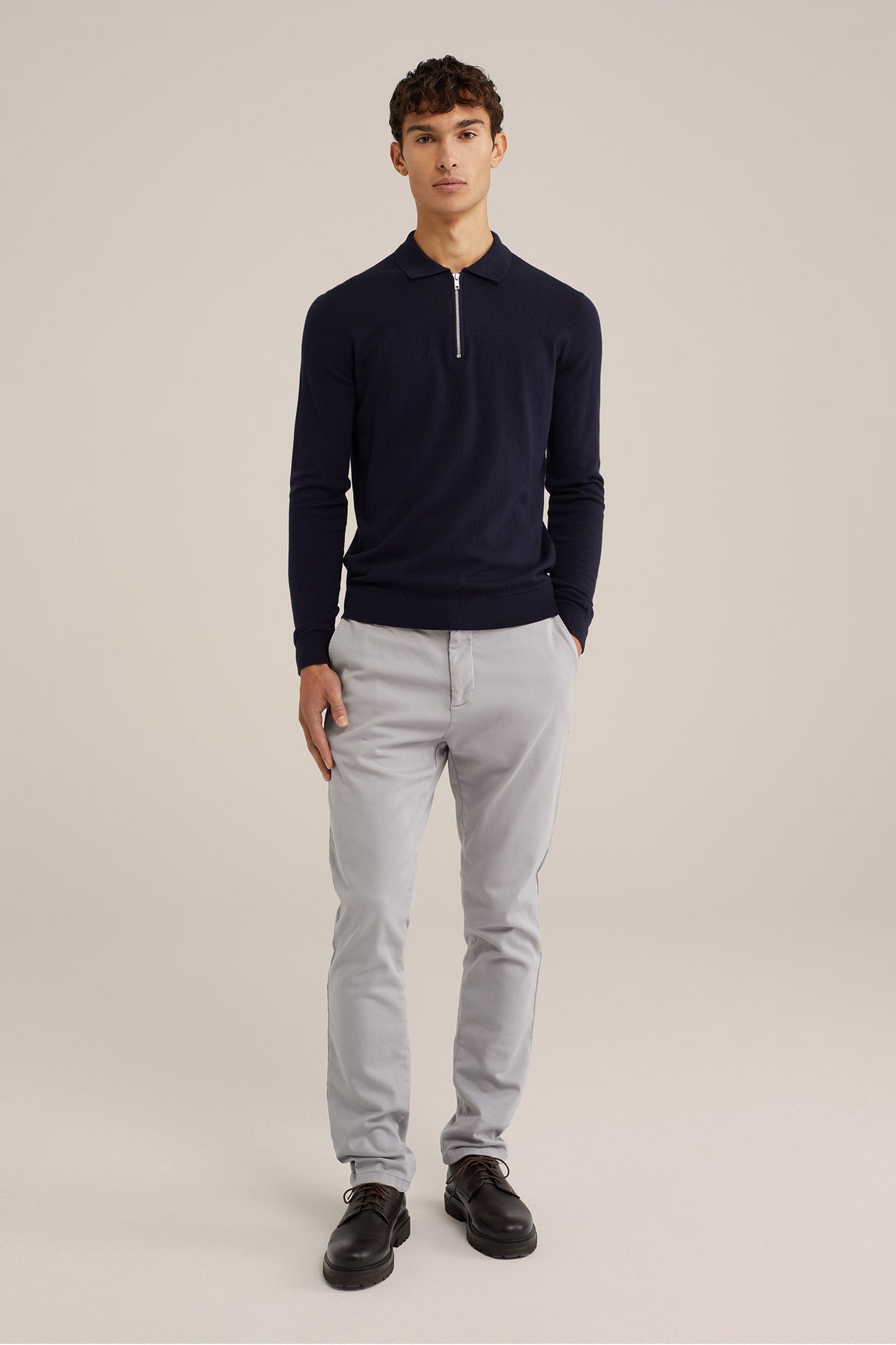 Fine Knit Jumper with Troyer Collar and Zipper - Navy Blue