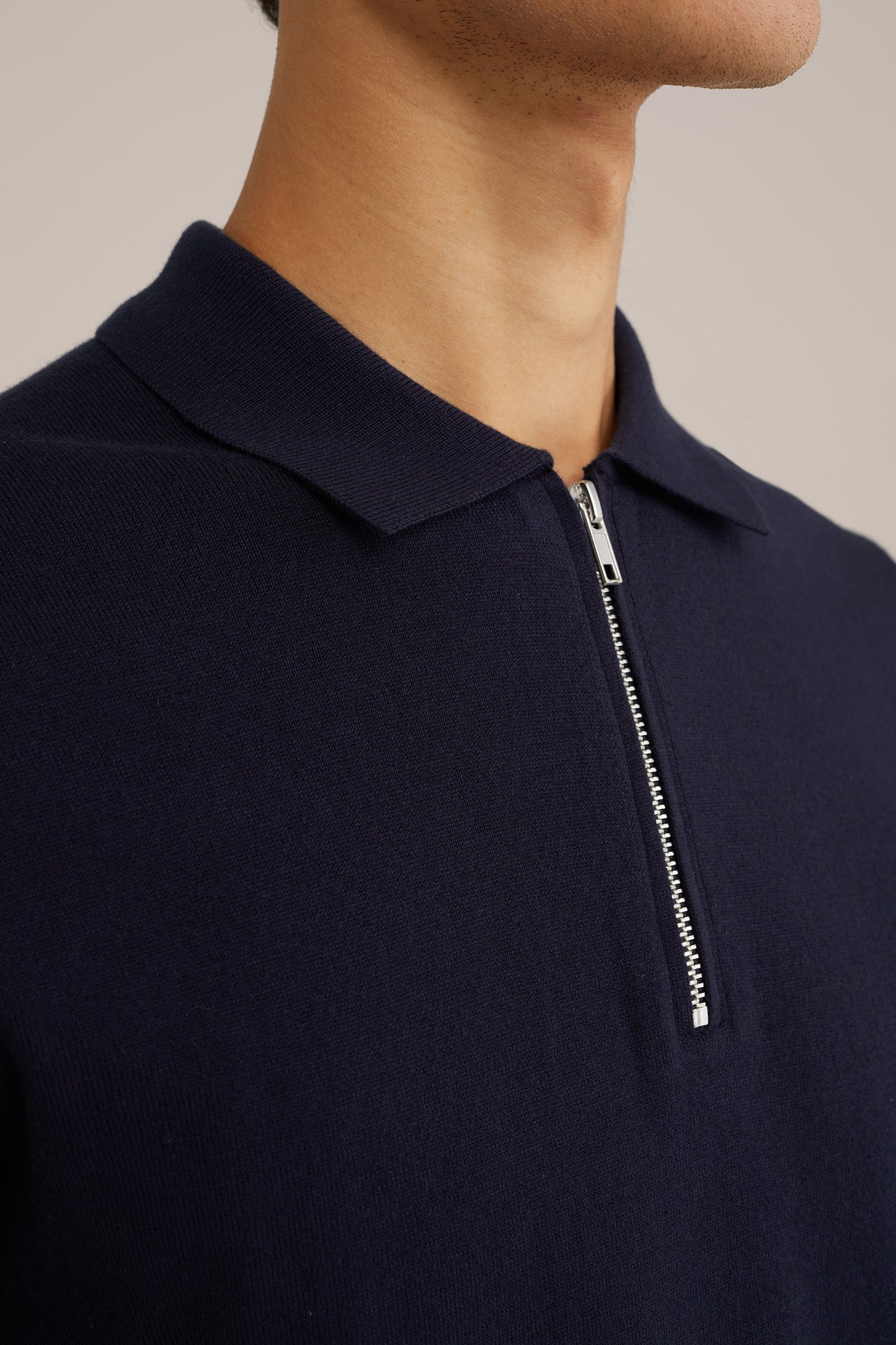 Fine Knit Jumper with Troyer Collar and Zipper - Navy Blue