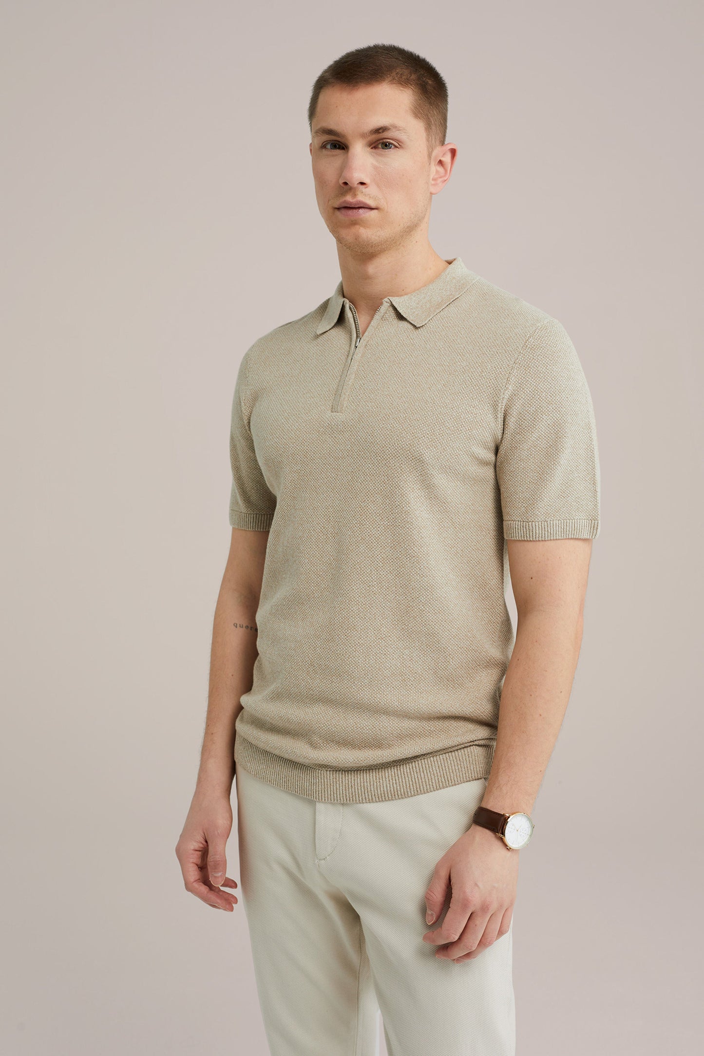 Polo Collar Shirt with Zipper - Beige