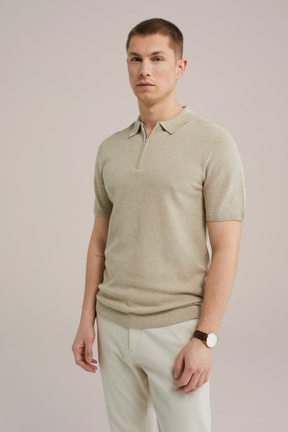 Polo Collar Shirt with Zipper - Beige