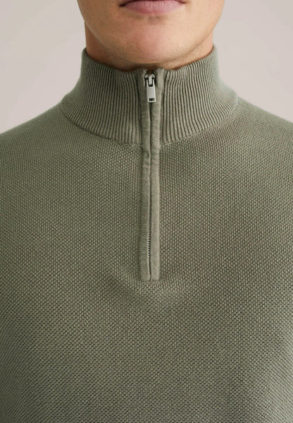 Men's Cotton Sweater with Troyer Collar and Zip - Moss Green