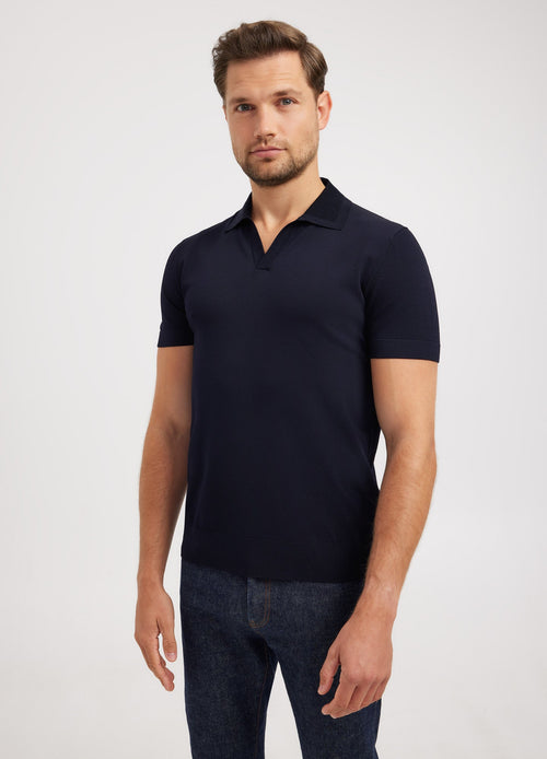 Ribbed Polo Collar Shirt - Navy Blue