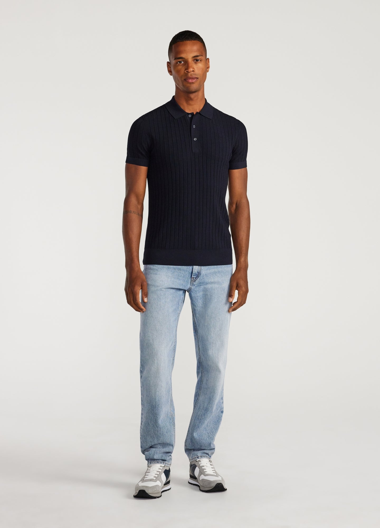 Polo Collar Shirt with Texture - Navy Blue
