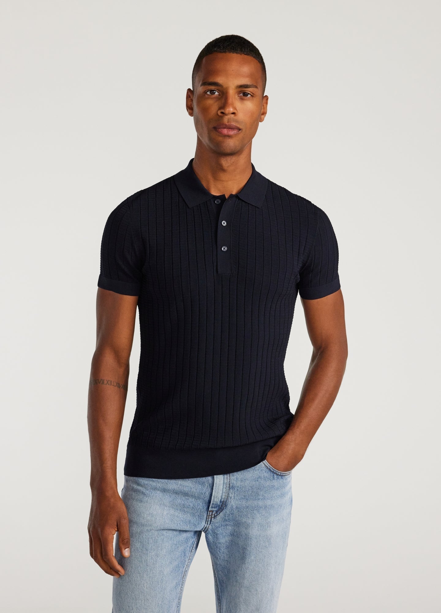 Polo Collar Shirt with Texture - Navy Blue