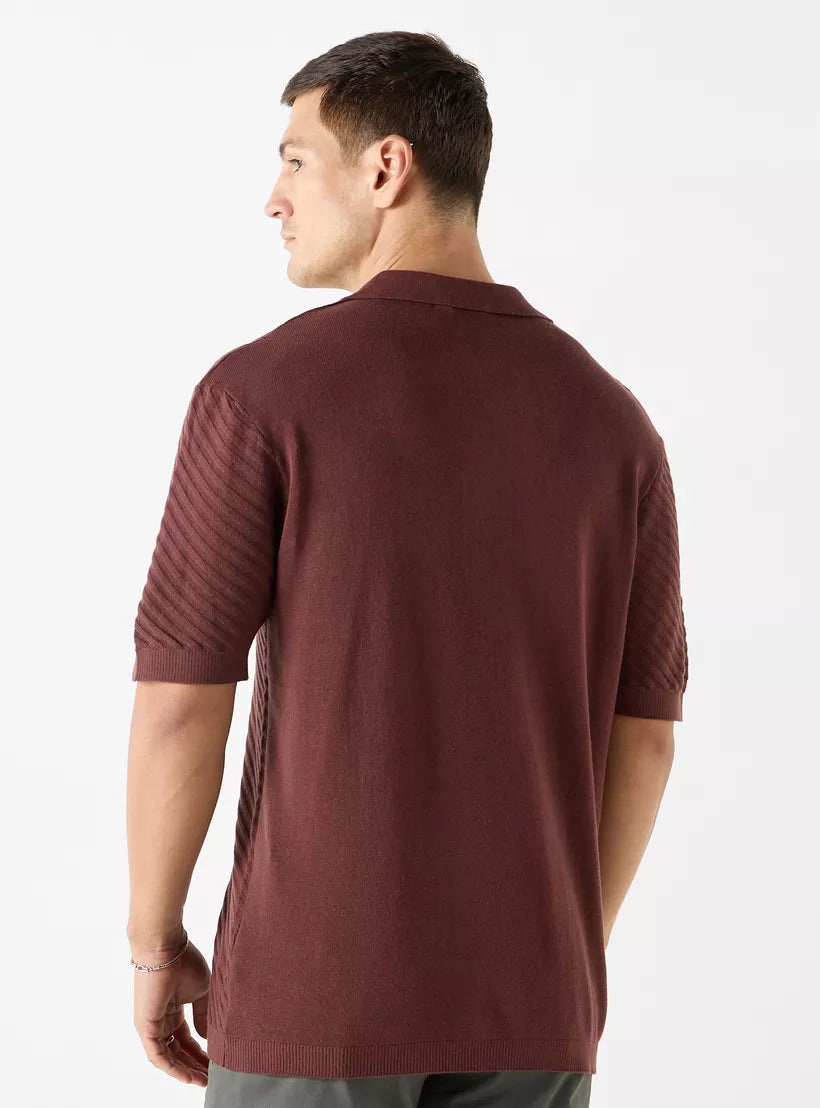 Striped Textured Polo Shirt - Burgundy