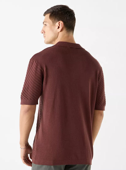 Striped Textured Polo Shirt - Burgundy