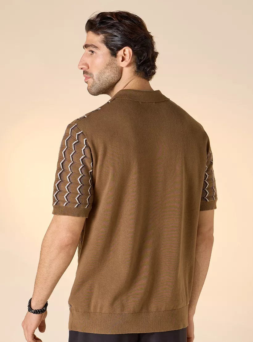 Polo Shirt with Geometric Print - Brown