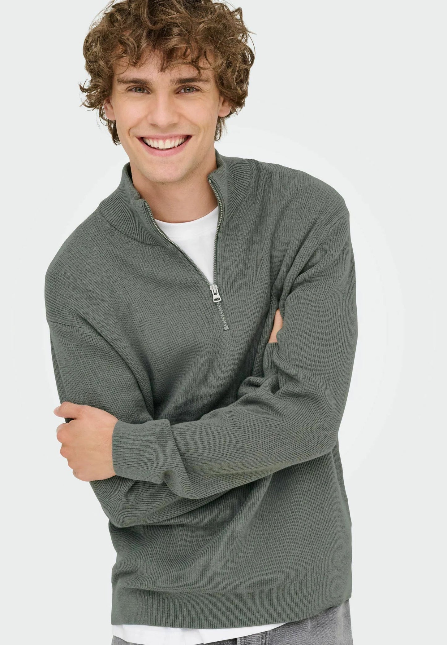 Textured Comfort Jumper with High Neck and Zip - Moss Green
