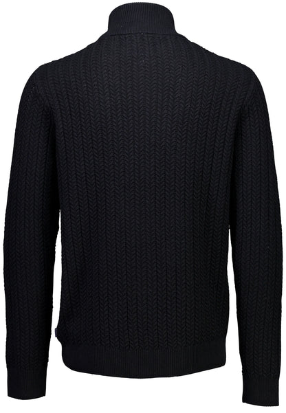Textured Knit Cardigan with High Neck and Zipper - Black