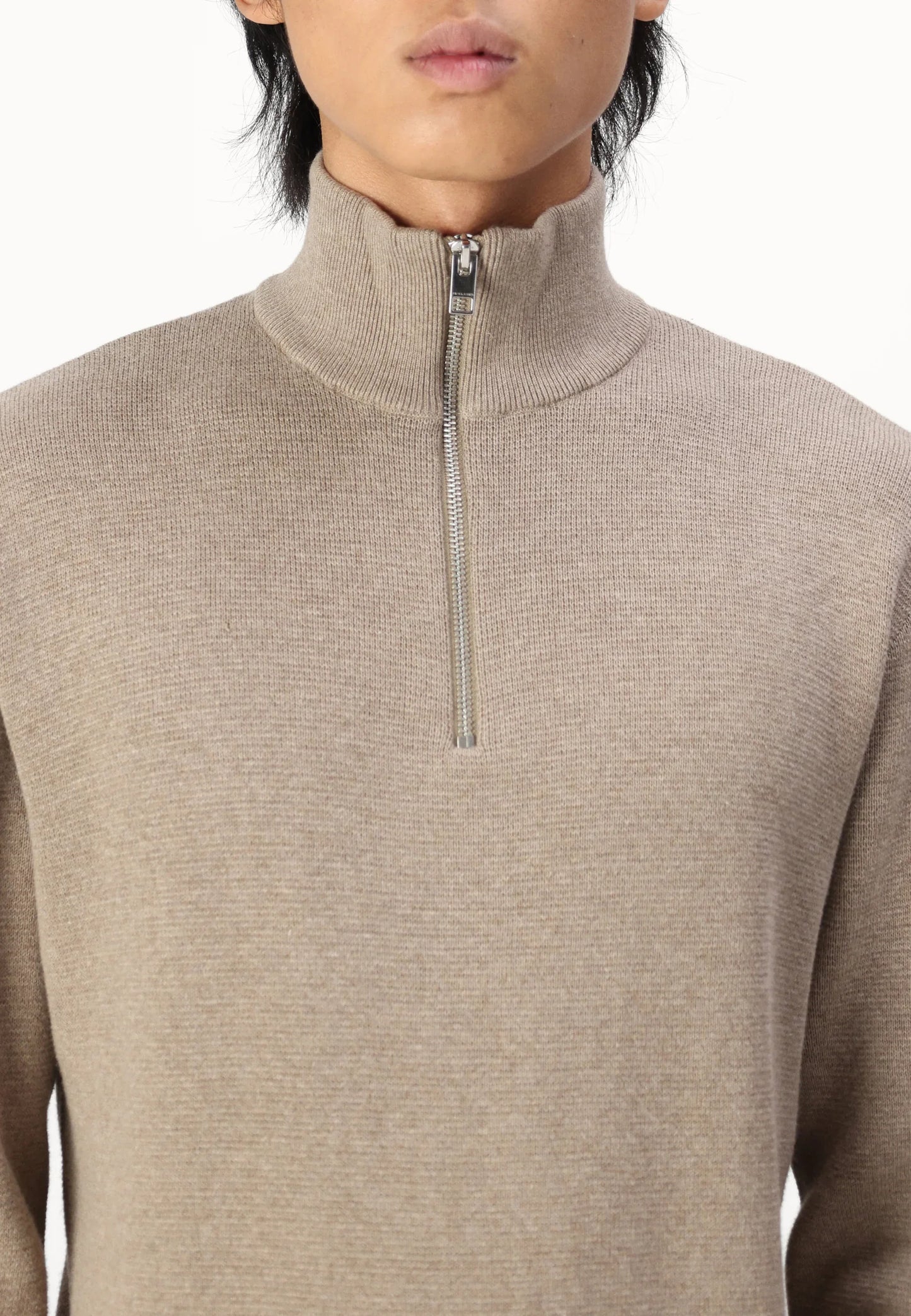 Textured Comfort Jumper with High Neck and Zip - Brown