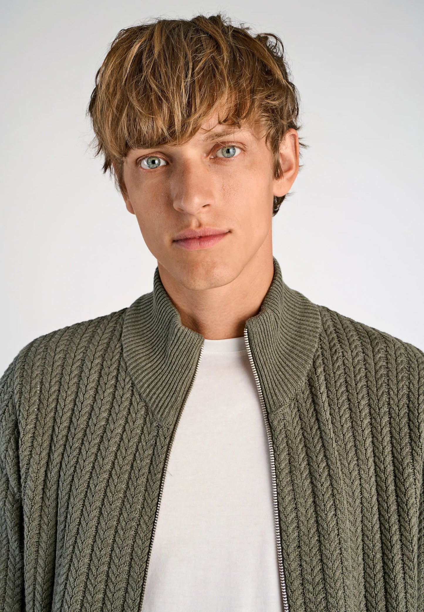 Textured Knitted Cardigan with High Neck and Zip - Moss Green