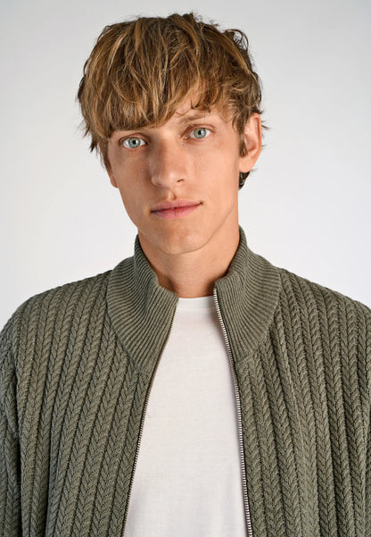 Textured Knitted Cardigan with High Neck and Zip - Moss Green