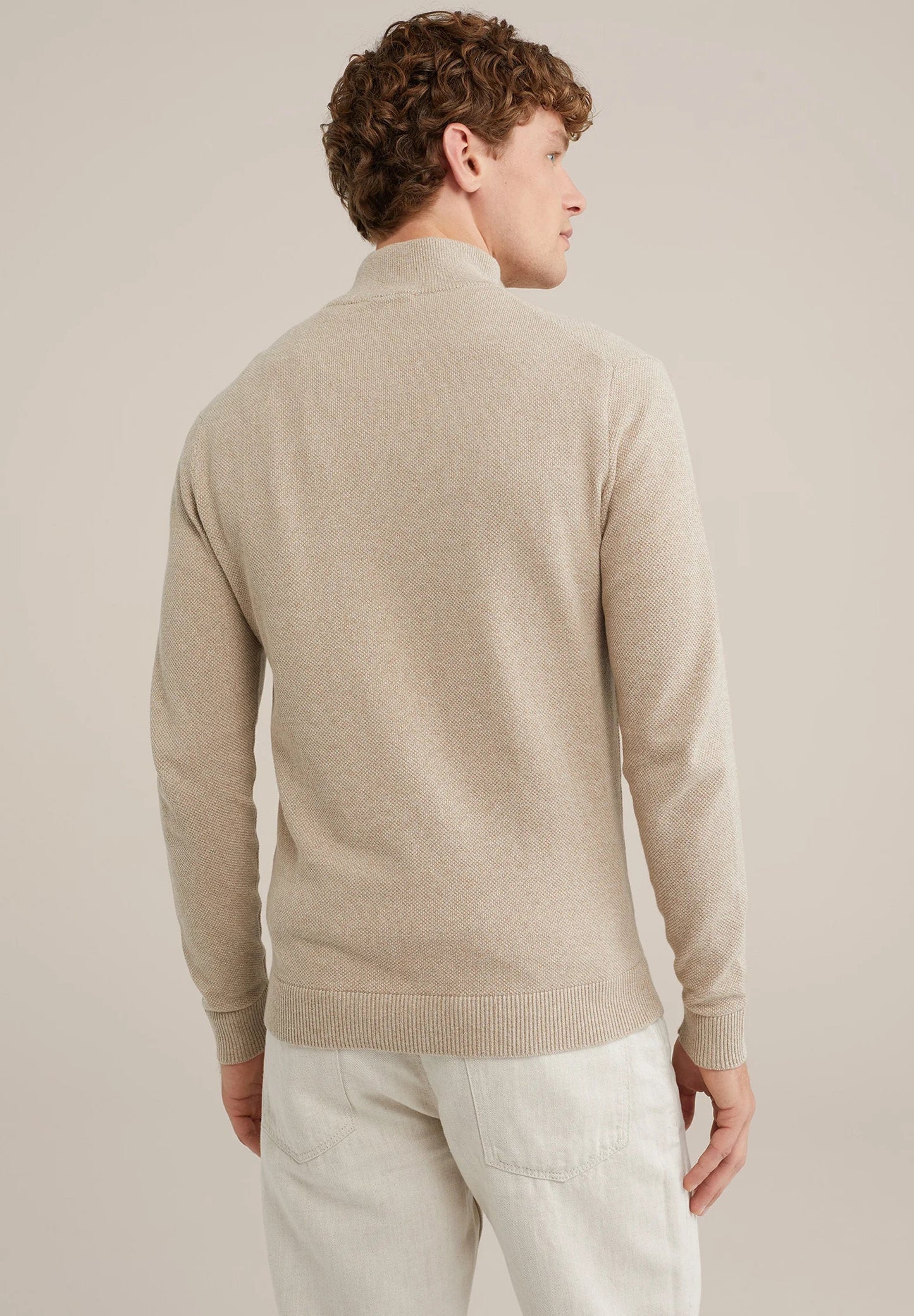 Men's Cotton Sweater with Troyer Collar and Zip - Beige