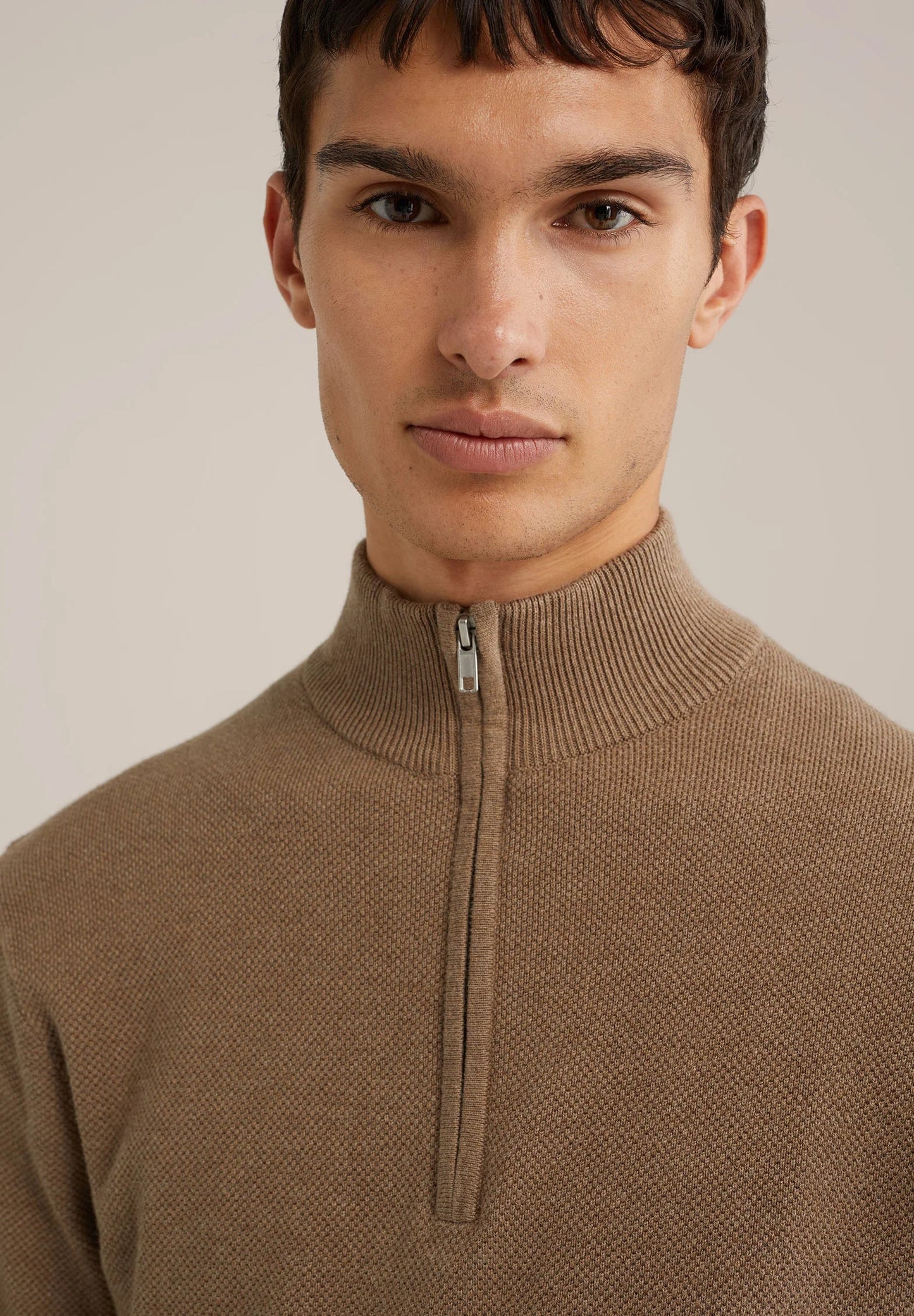 Men's Cotton Sweater with Troyer Collar and Zipper - Caramel