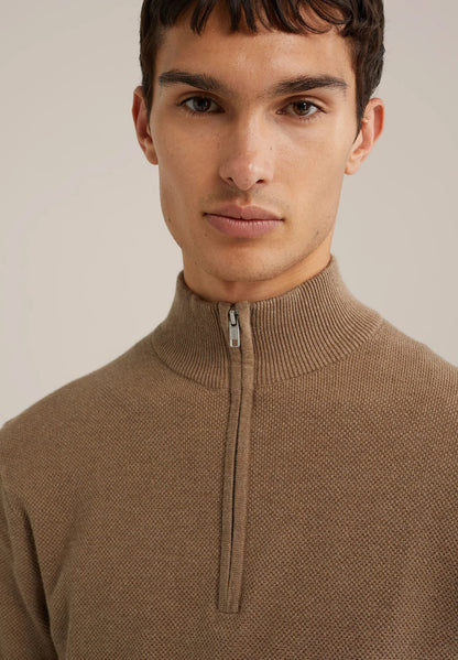 Men's Cotton Sweater with Troyer Collar and Zipper - Caramel
