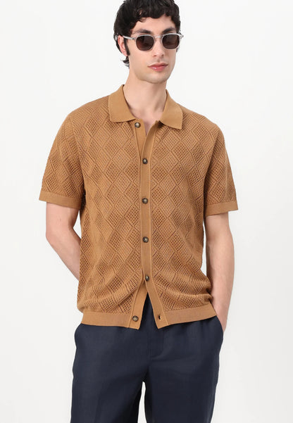 Polo Collar Knit Textured Shirt - Brown