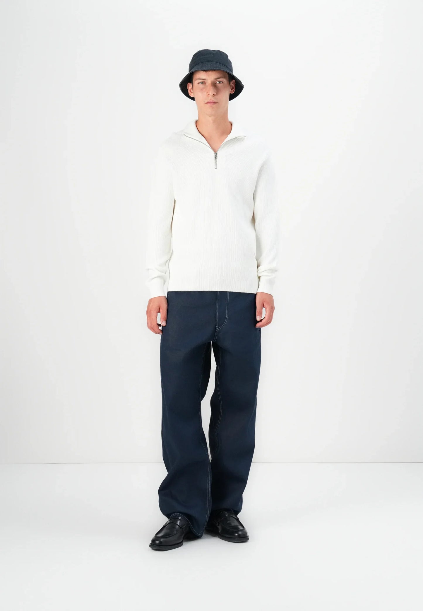 Textured Comfort Jumper with High Neck and Zip - White