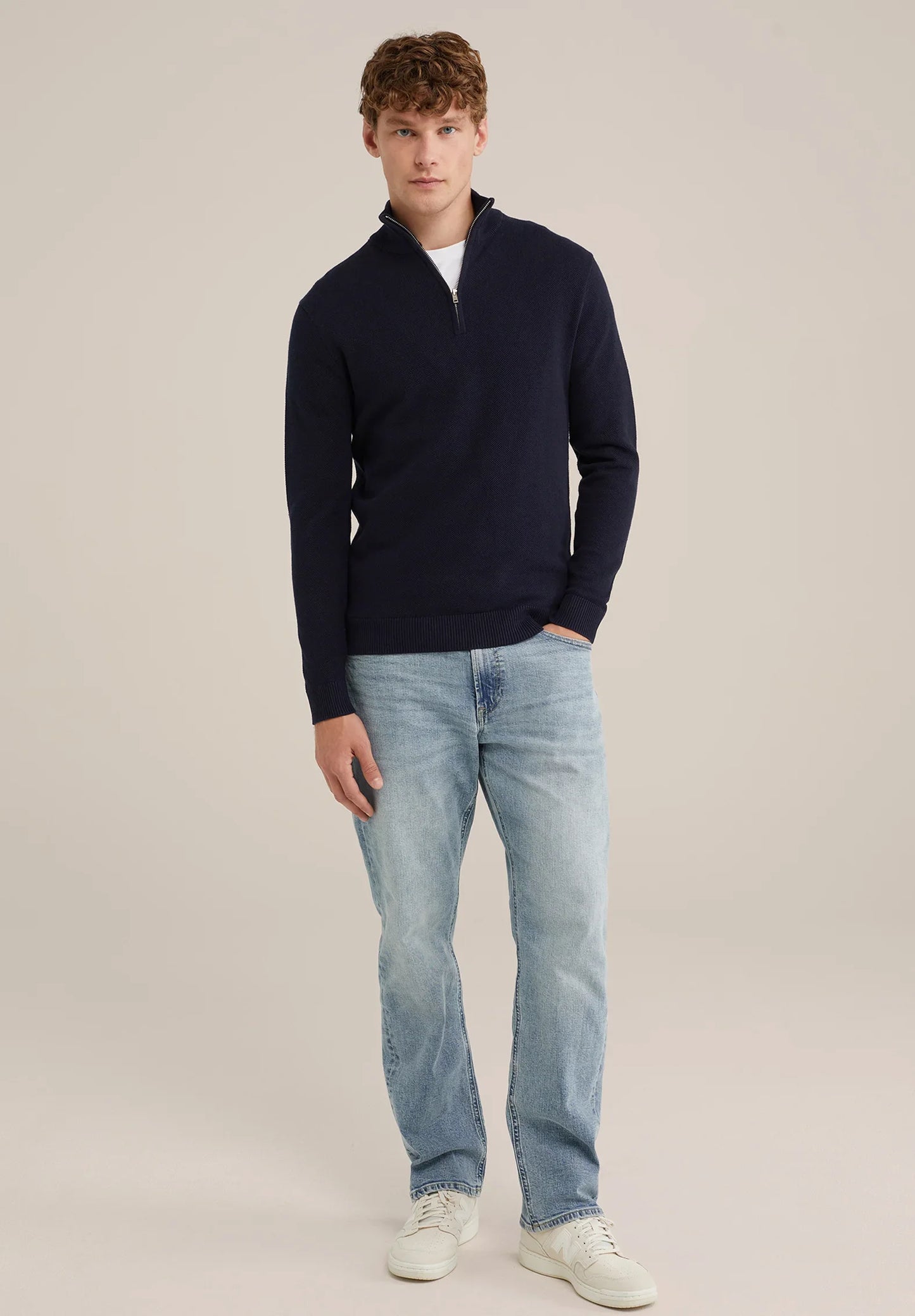 Men's Cotton Jumper with Troyer Neck and Zip - Navy Blue