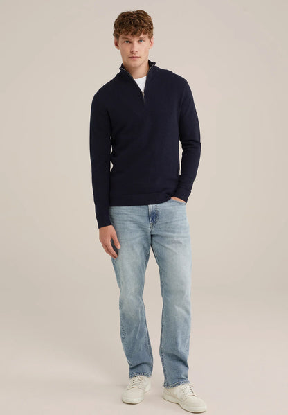 Men's Cotton Jumper with Troyer Neck and Zip - Navy Blue