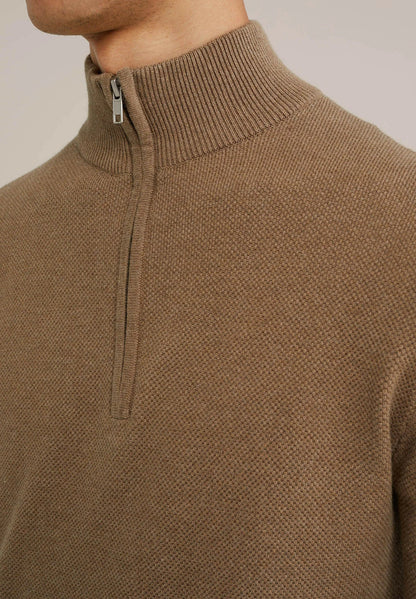 Men's Cotton Sweater with Troyer Collar and Zipper - Caramel