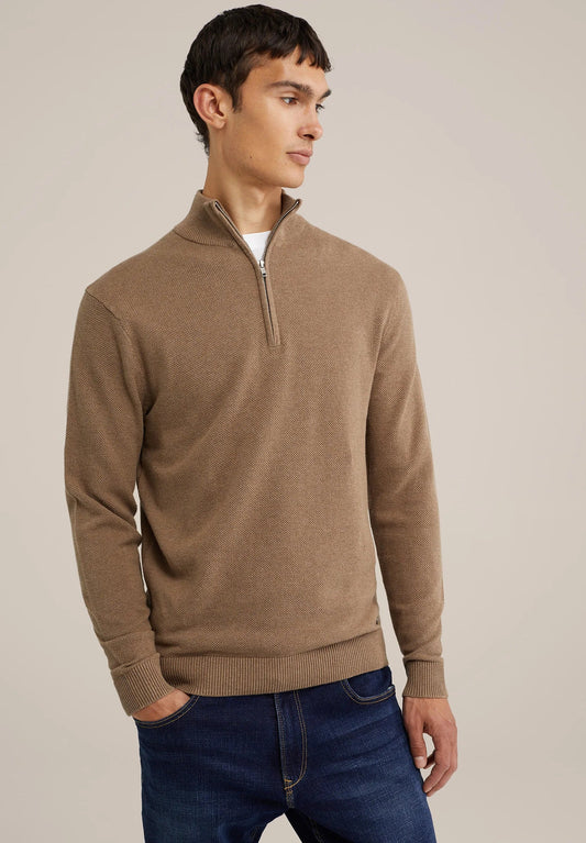 Men's Cotton Sweater with Troyer Collar and Zipper - Caramel